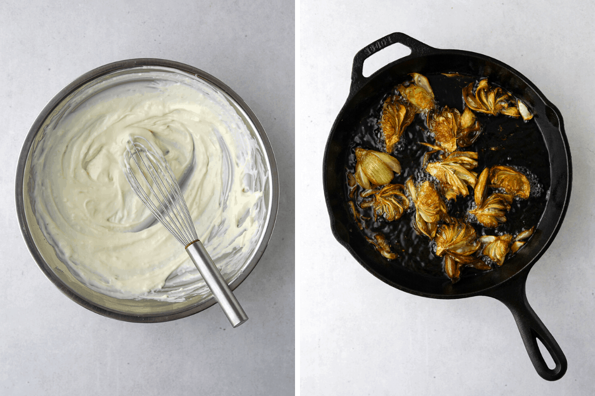 a metal mixing bowl with garlic aioli and a whisk and a cast iron pan with artichokes frying. 