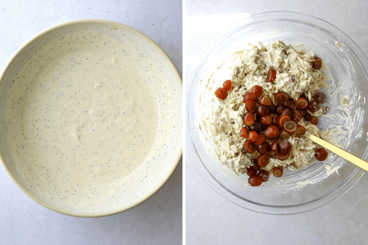 a bowls of creamy poppyseed dressing and a bowl of chicken salad being mixed with sliced grapes
