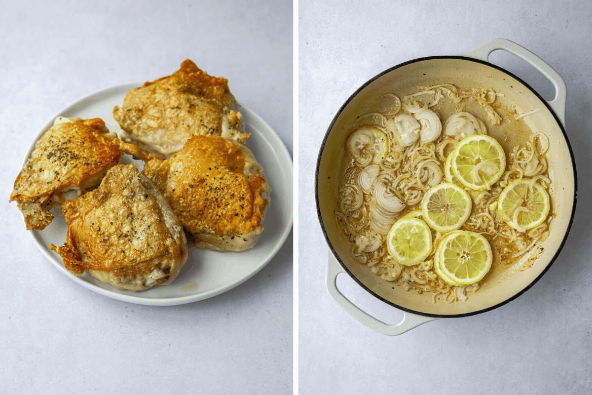 left, 4 bone in chicken thighs with golden brown skin on a white plate. right, a dutch oven with sautéed shallot, lemon and garlic. 