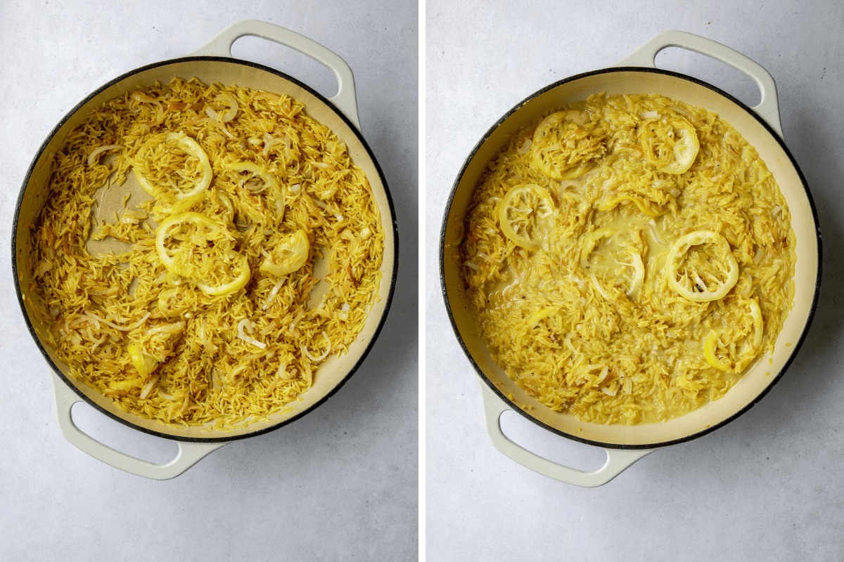 left: a pot with orzo, shallot, lemon and lemon slices on a blue background. 
right: a pot with orzo cooking in broth on a blue background