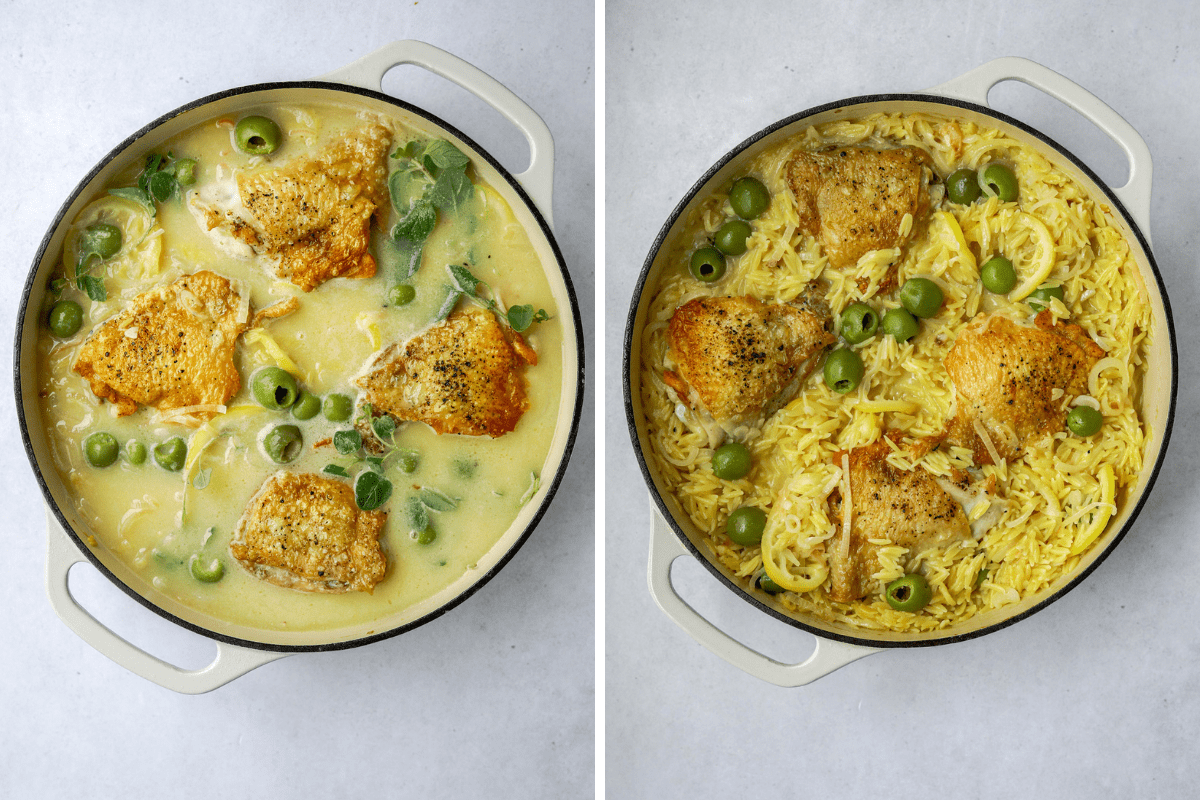 left: chicken cooking in a pot with broth, orzo and olives
right: fully cooked chicken in a pot with orzo, olives and lemons