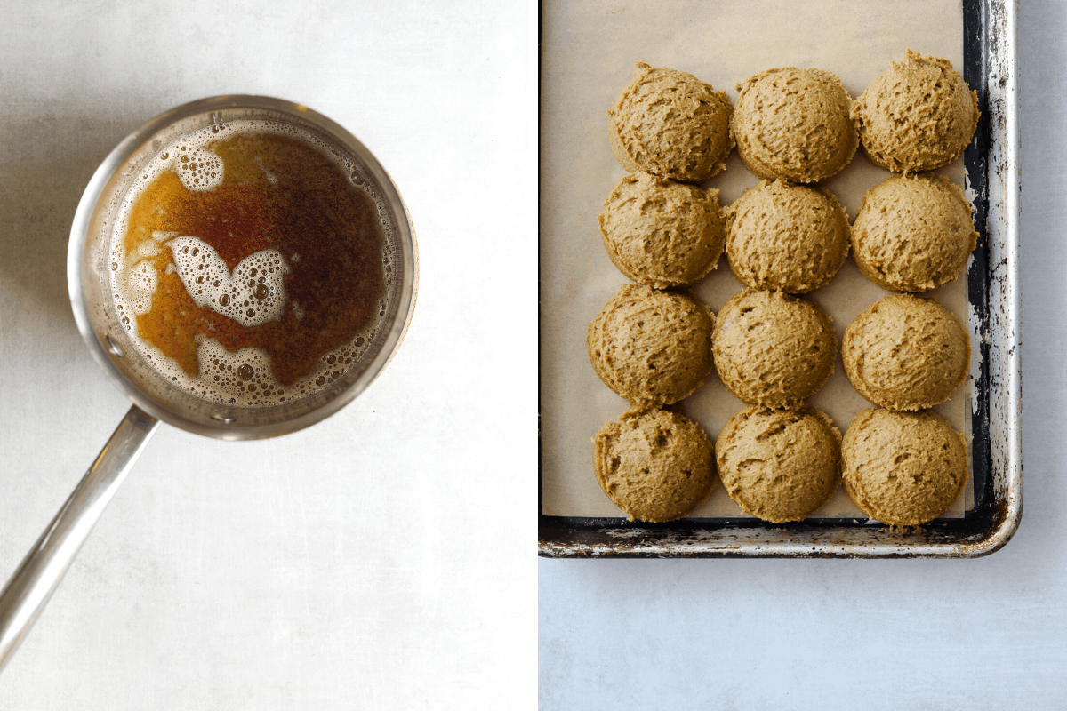 a small pot of brown butter and a baking tray with brown butter cookie dough scooped in rows