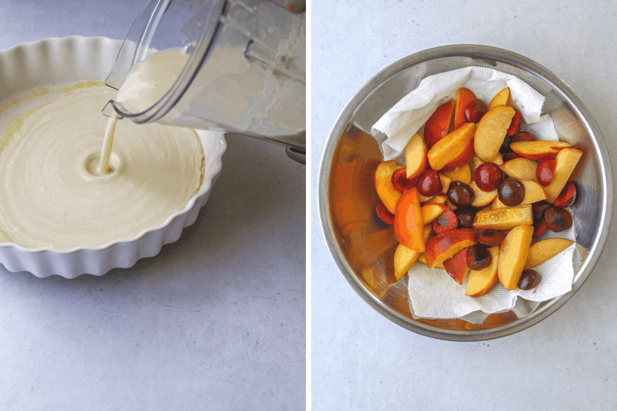 left: clafoutis batter being poured into a buttered, round baking dish.
right: a mixing bowl filled with cut up fruit: cherries and peaches