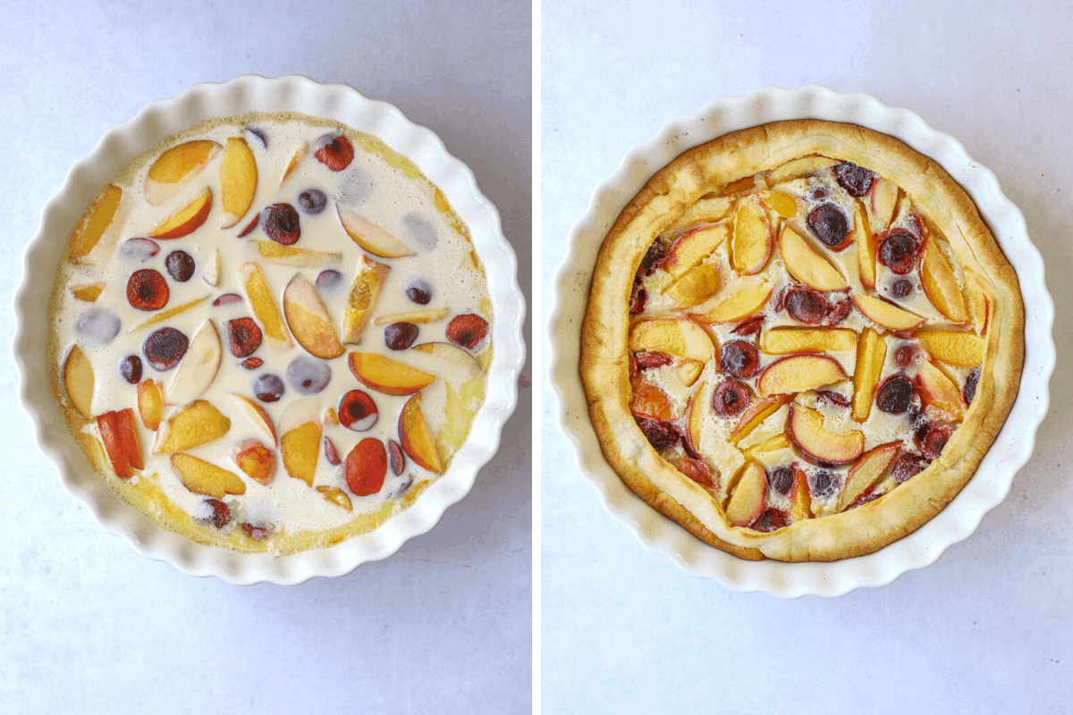 left: clafoutis batter and cut up fruit in a white fluted baking dish.
right: a baked stone fruit clafoutis on a blue background