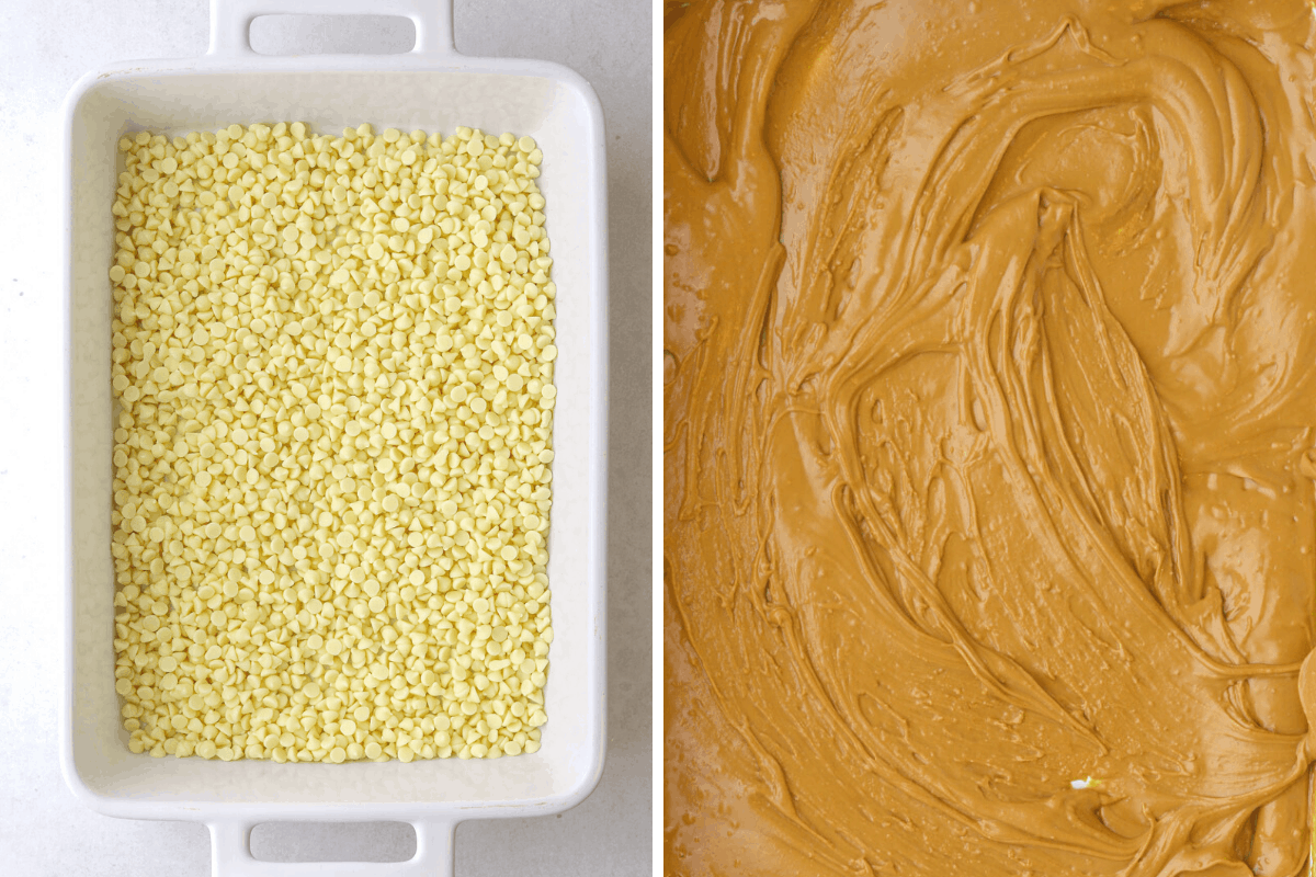left: white chocolate chips in a white baking pan
Right: golden brown, meted, caramelized white chocolate