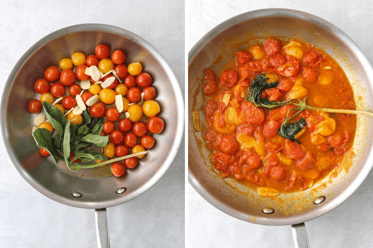left: a sauté pan with tomatoes, garlic and fresh basil. right: a sauté pan with tomato sauce