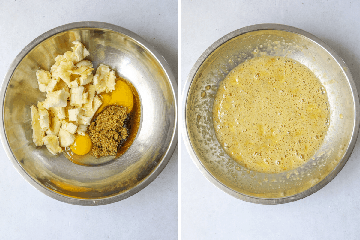 left: a bowl with mashed banana, eggs, brown sugar. right: waffle batter in a mixing bowl