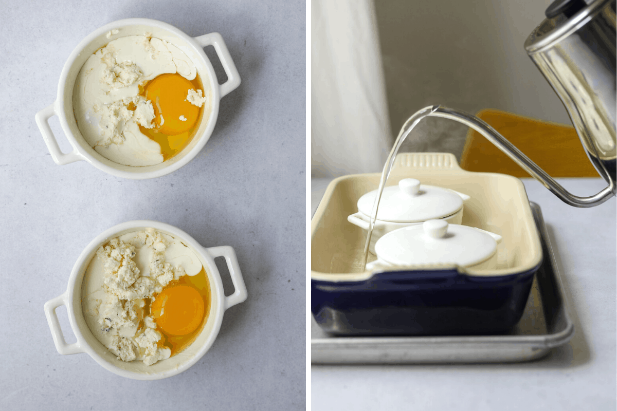 left two ramekins filled with eggs, cream and cheese right: boiling water pouring into a water bath