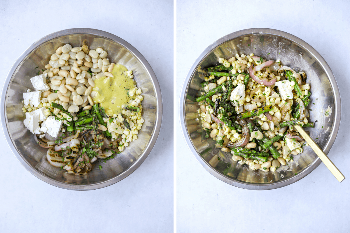 left: a silver mixing bowl with salad ingredients
right: a silver mixing bowl with grilled vegetable salad mixed together with a gold spoon on the side