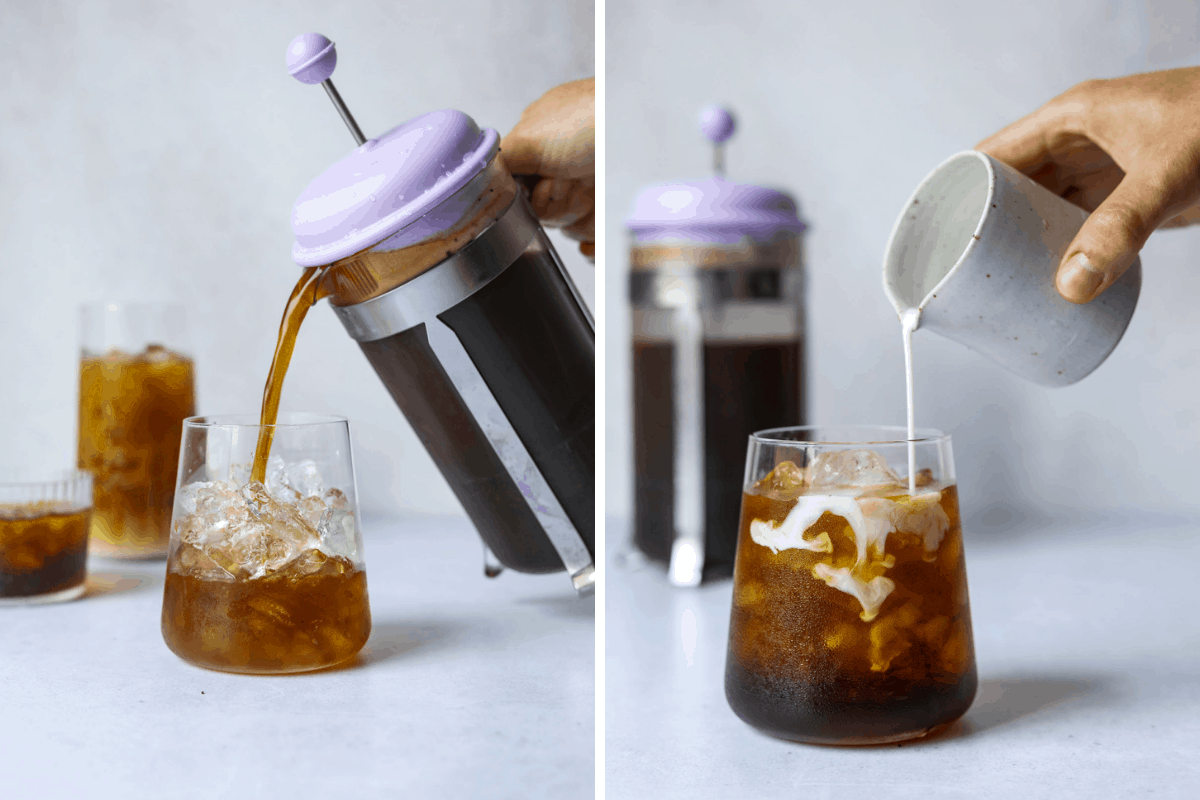 cold brew coffee being poured from a french press into a glass with ice and then cream being poured into the coffee