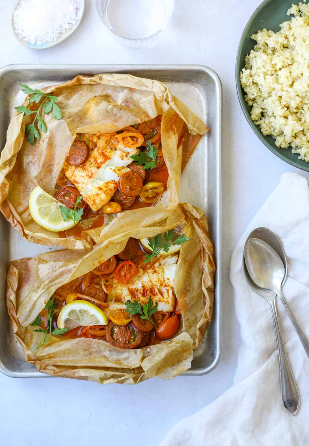 Parchment Baked Cod with Chorizo + Tomatoes
