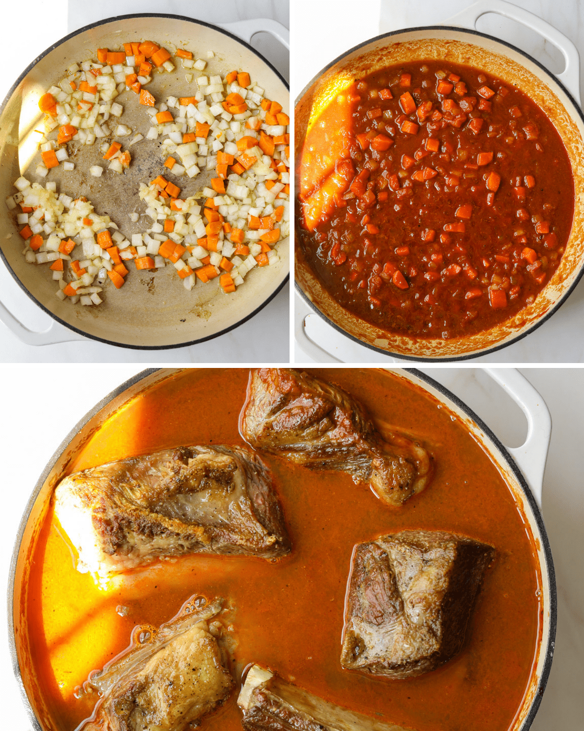 a trip of step by step photos for cooking short rib ragu