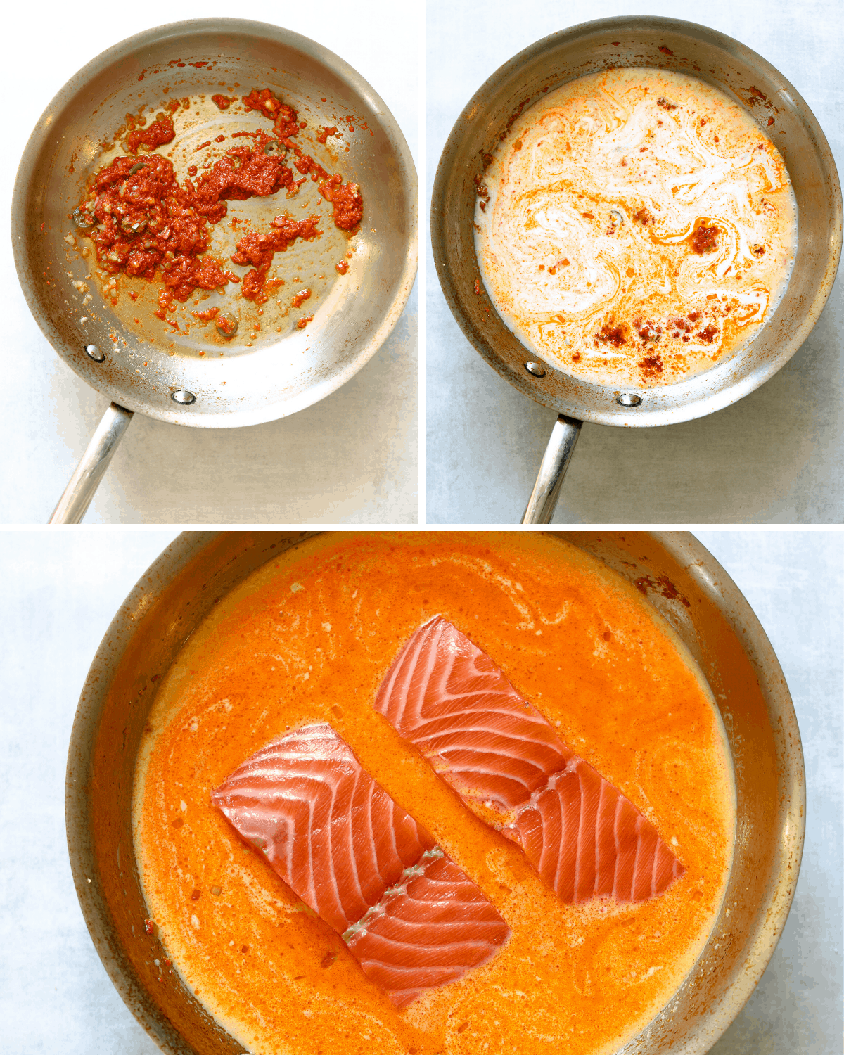 a series of step by step photos of curry being made in stainless steel pan
