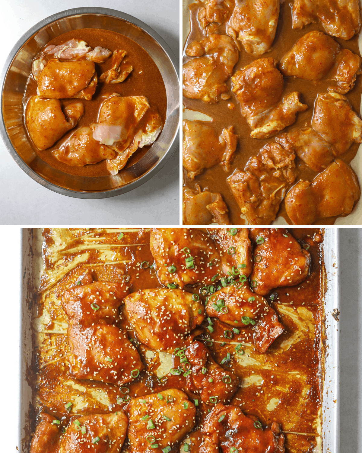 a series of three step by step photos of chicken marinating