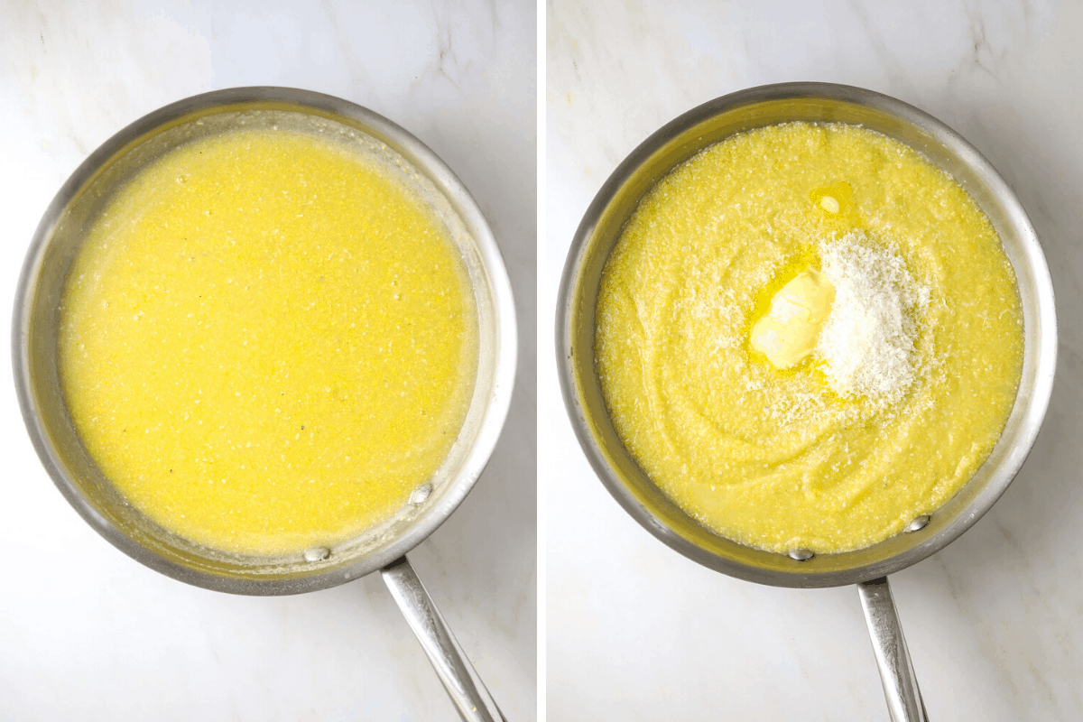 two side by side pans of polenta cooking