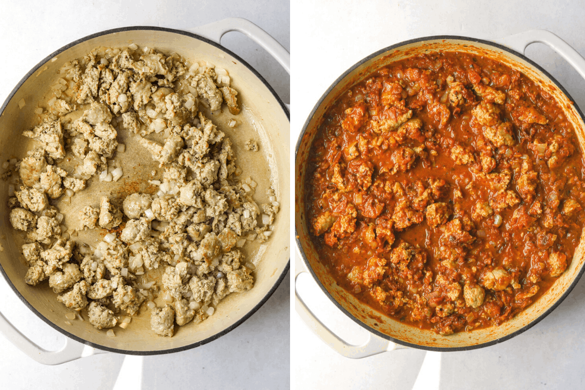 two enamel dutch ovens with sausage, tomatoes and onion