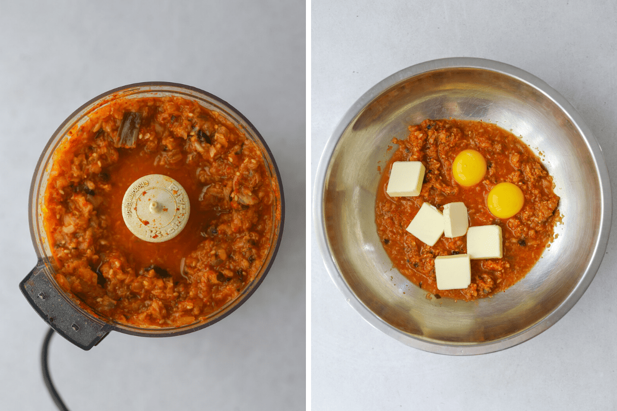 left: a food processor with kimchi right: a bowl of kimchi, butter and egg yolks
