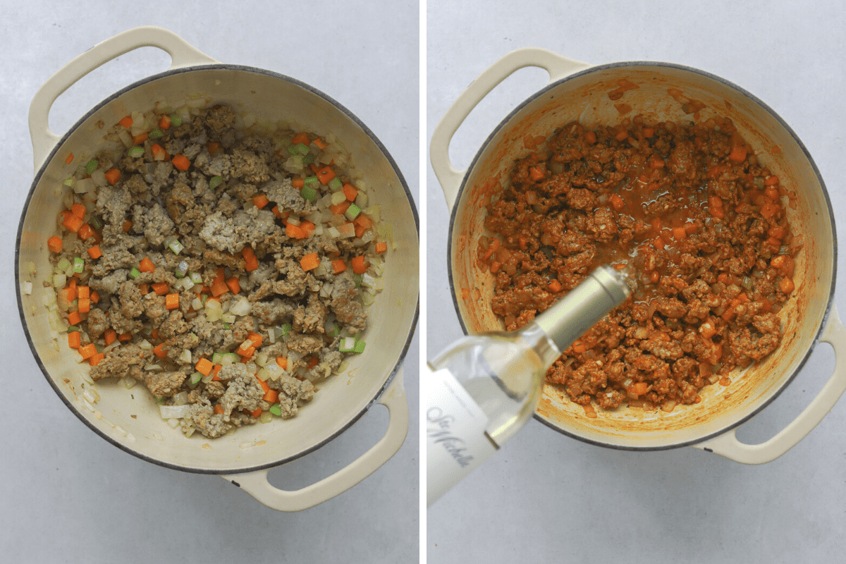 two pots of soup with ground sausage, onion and carrots