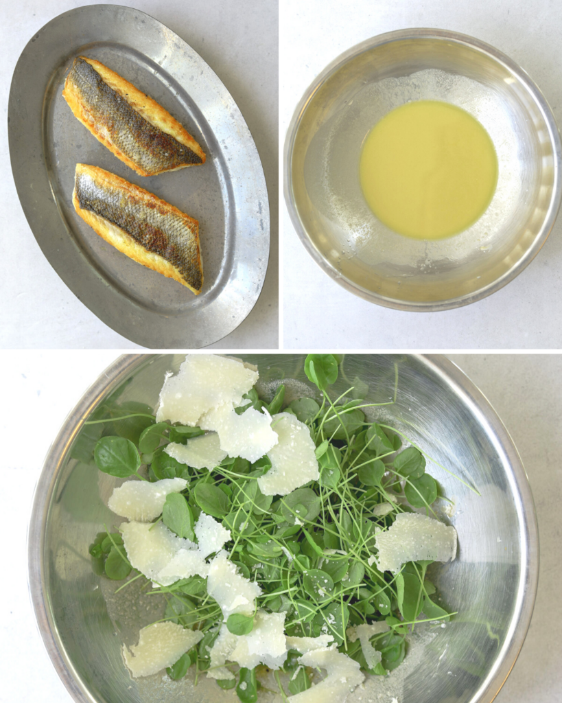 three images of recipe steps: cooked fish, vinaigrette in a bowl and a bowl of salad