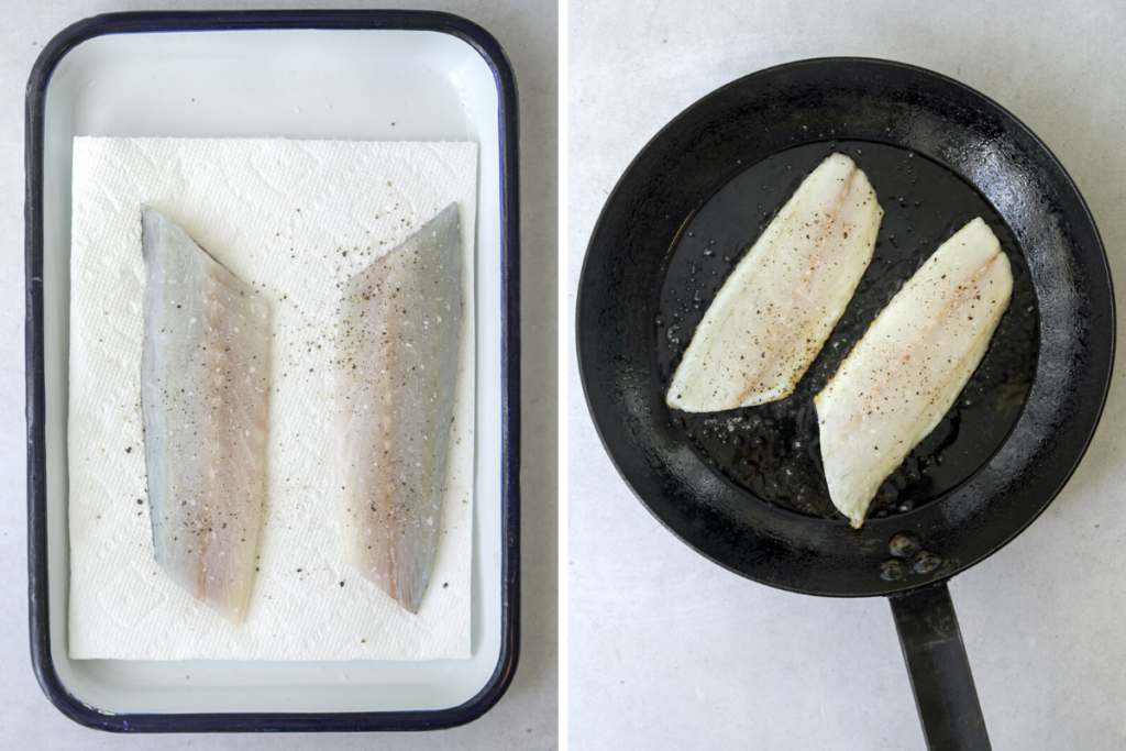 raw fish seasoned on a blue and white tray and two filets of fish cooking in a cast iron pan