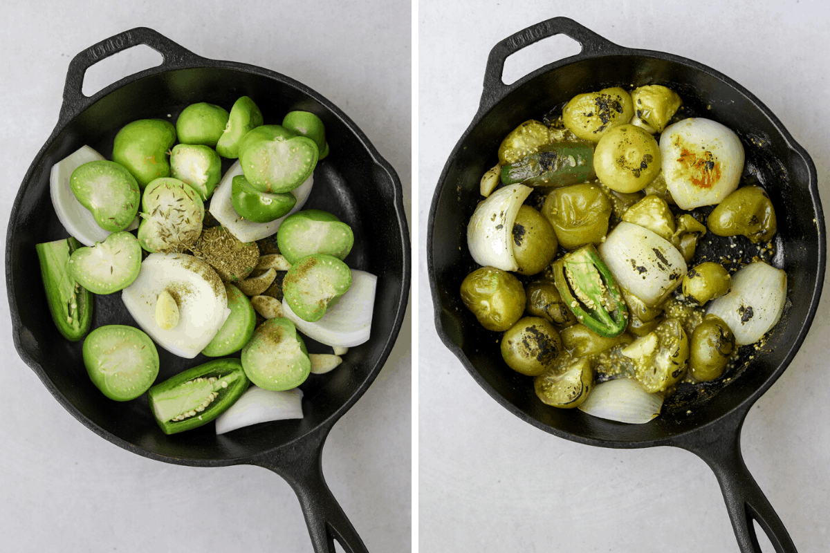 two cast iron pans with roasted tomatillos, onion, jalapeño, and garlic