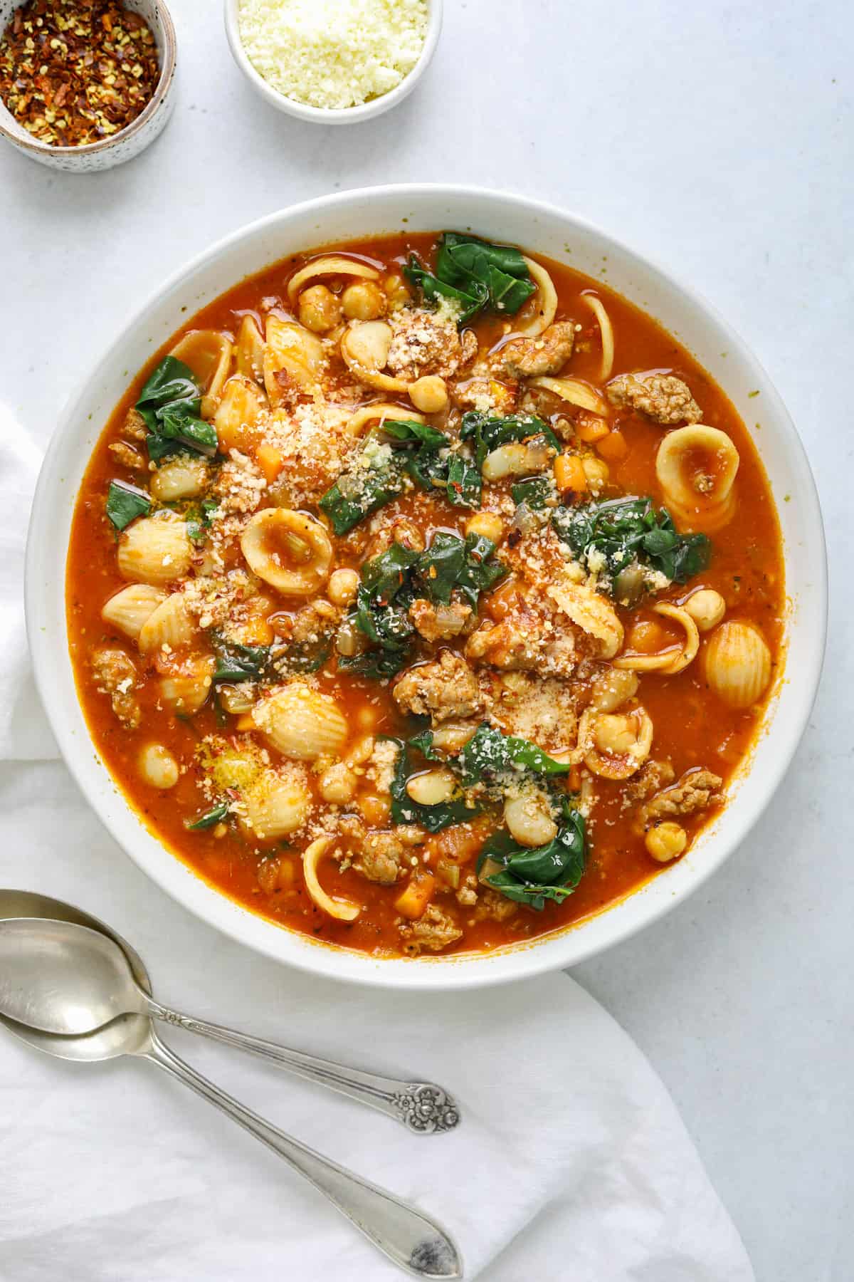 Tomato and White Bean Soup with Sausage, Swiss Chard and Parmesan Broth