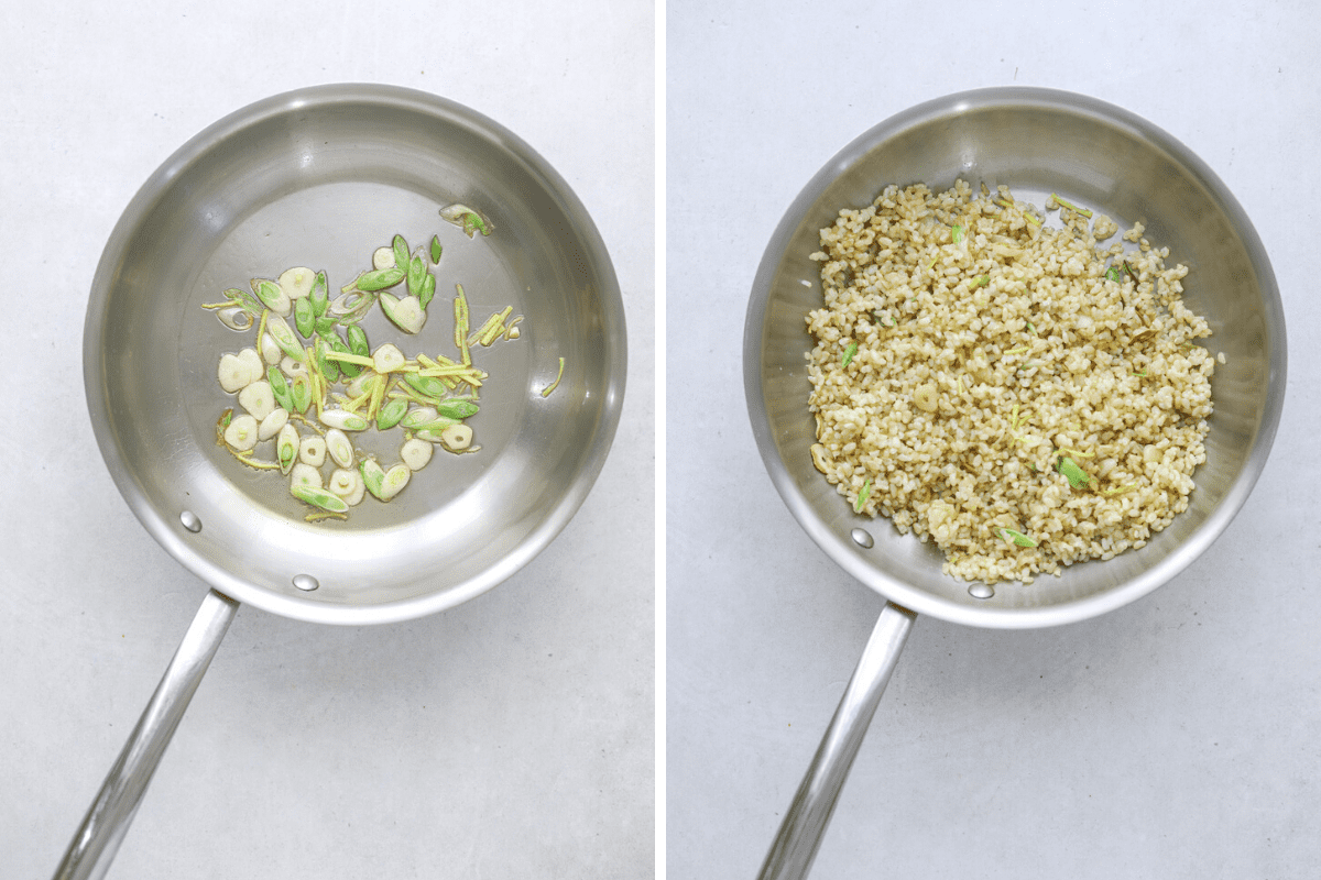 two sauté pans with scallions, ginger, garlic and brown rice