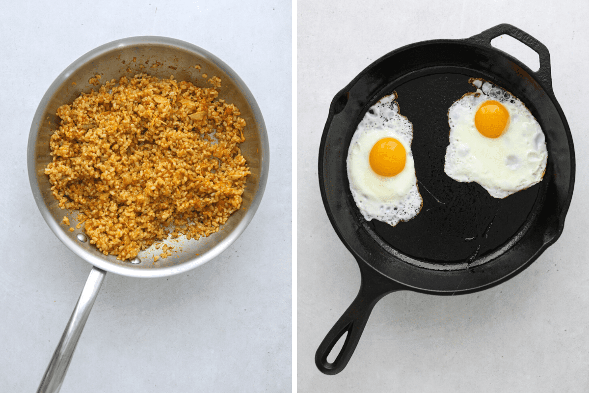 left: a sauce pan filled with fried rice. right: a cast iron pan with two sunny side up fried eggs