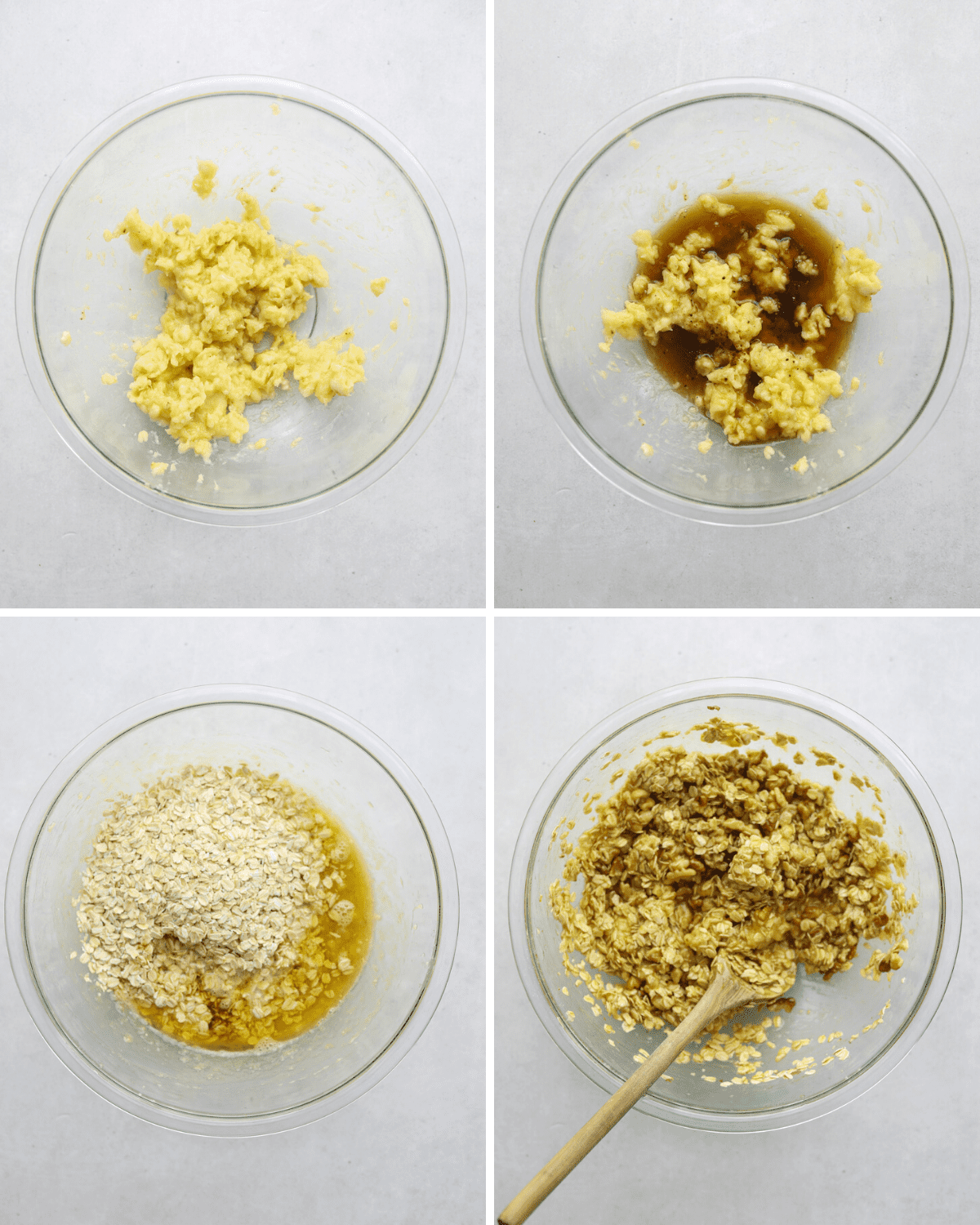 four step by step photos of granola being mixed in a glass mixing bowl