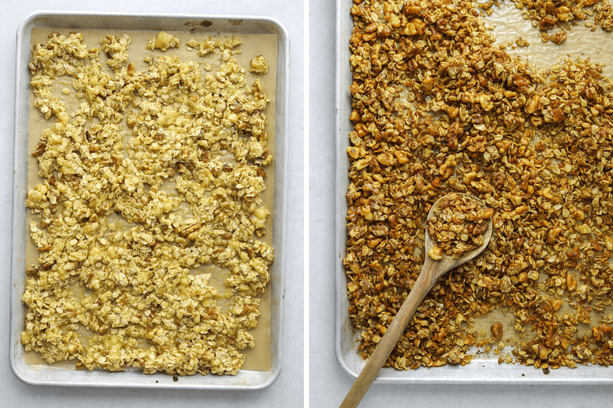 two sheet pans with raw granola and toasted granola