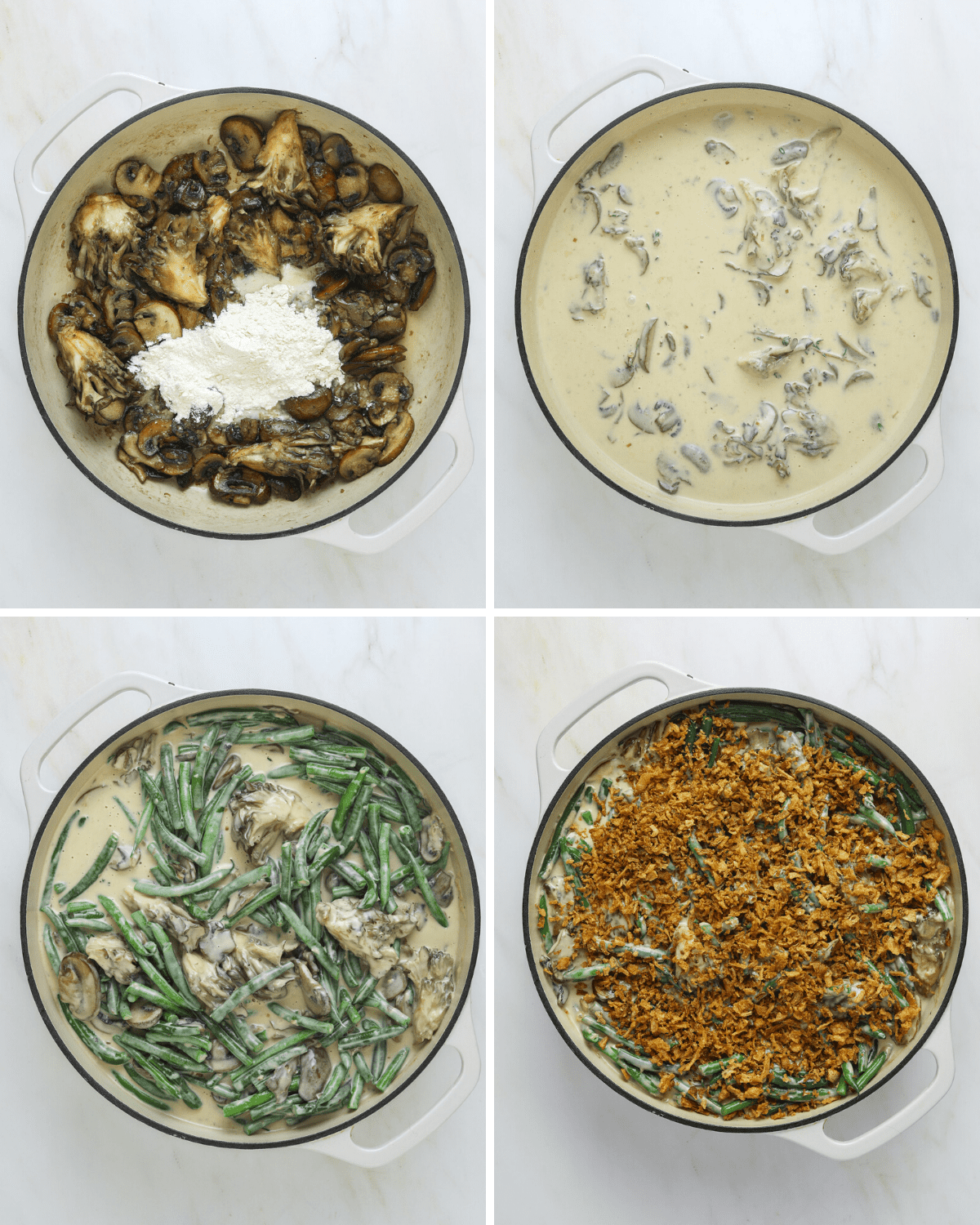 four step by step photos of green bean casserole being made in a white pan