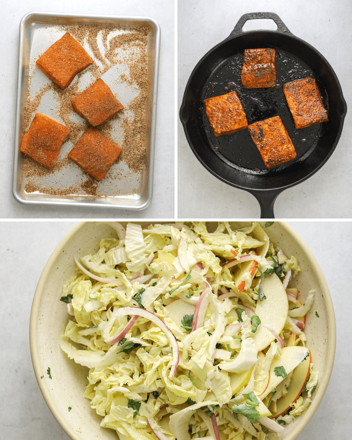 three step by step photos of salmon cooking in a pan and a bowl of apple slaw