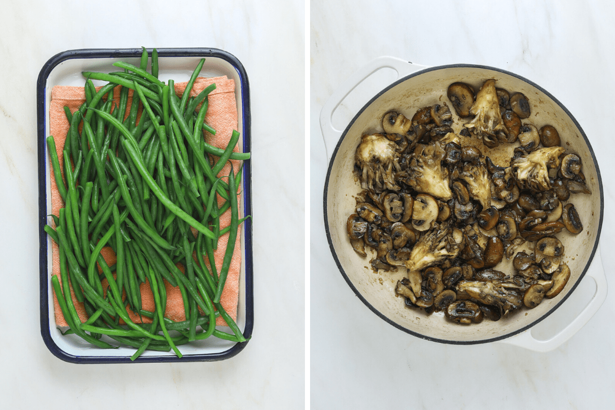 left: a tray of green beans, right: sauté pan with mushrooms