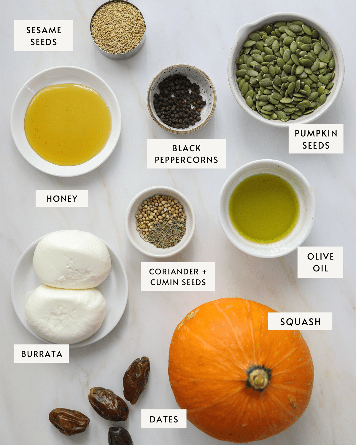 recipe ingredients: squash, pumpkin seeds, honey, sesame seeds, burrata