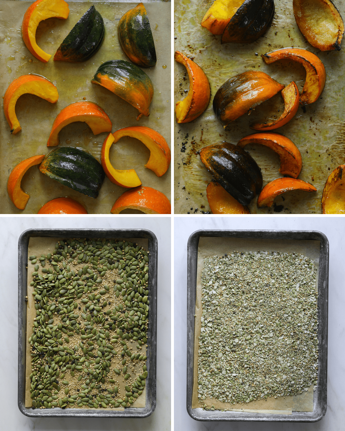 four step by step recipe photos: roasted squash and toasted seeds