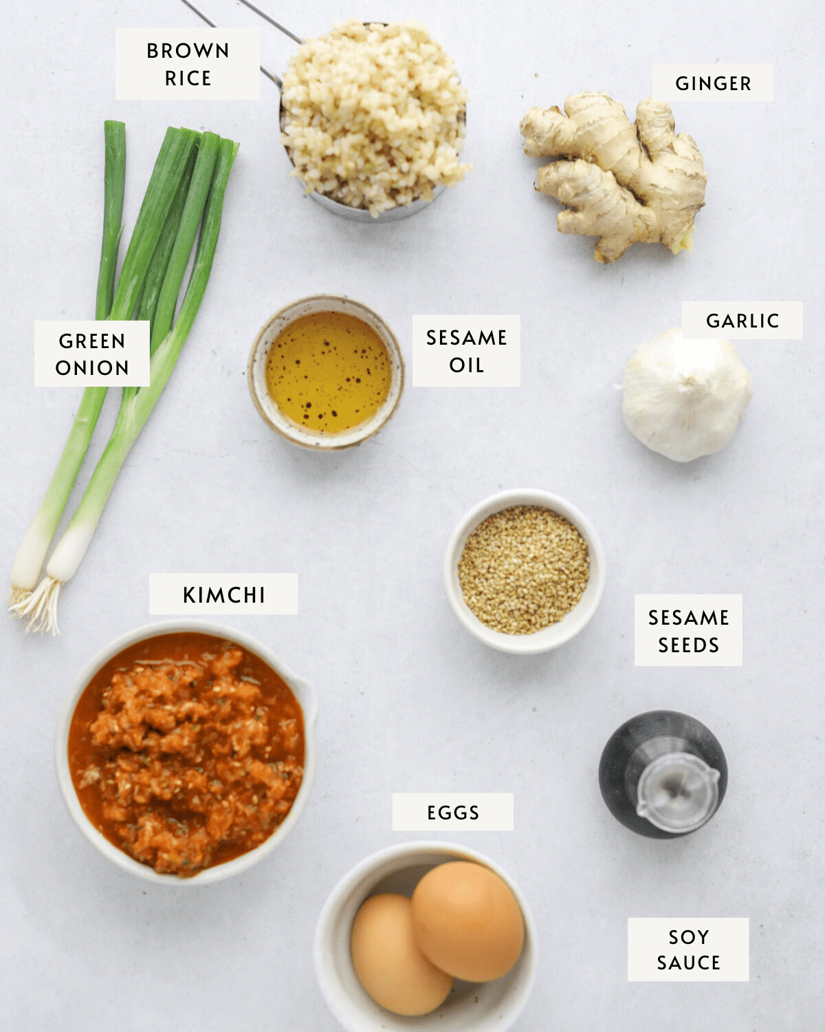 Ingredients for fried rice individually portioned and labeled: a bowl of rice, green onions, a knob of ginger, a head of garlic, soy sauce and kimchi