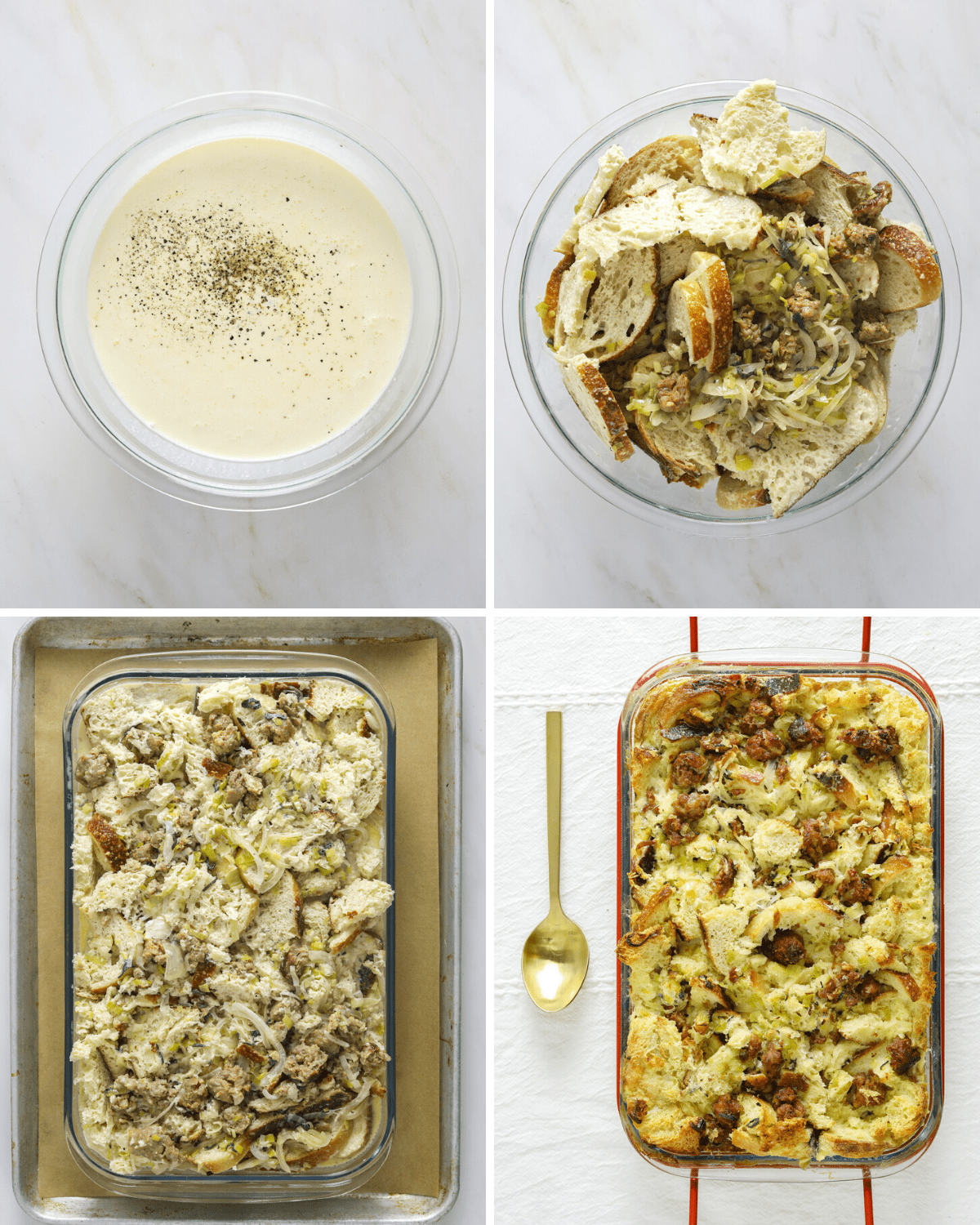 a collage of recipe steps: a bowl of seasoned cream, a bowl of ingredients tossed together, two baking dishes with bread pudding.