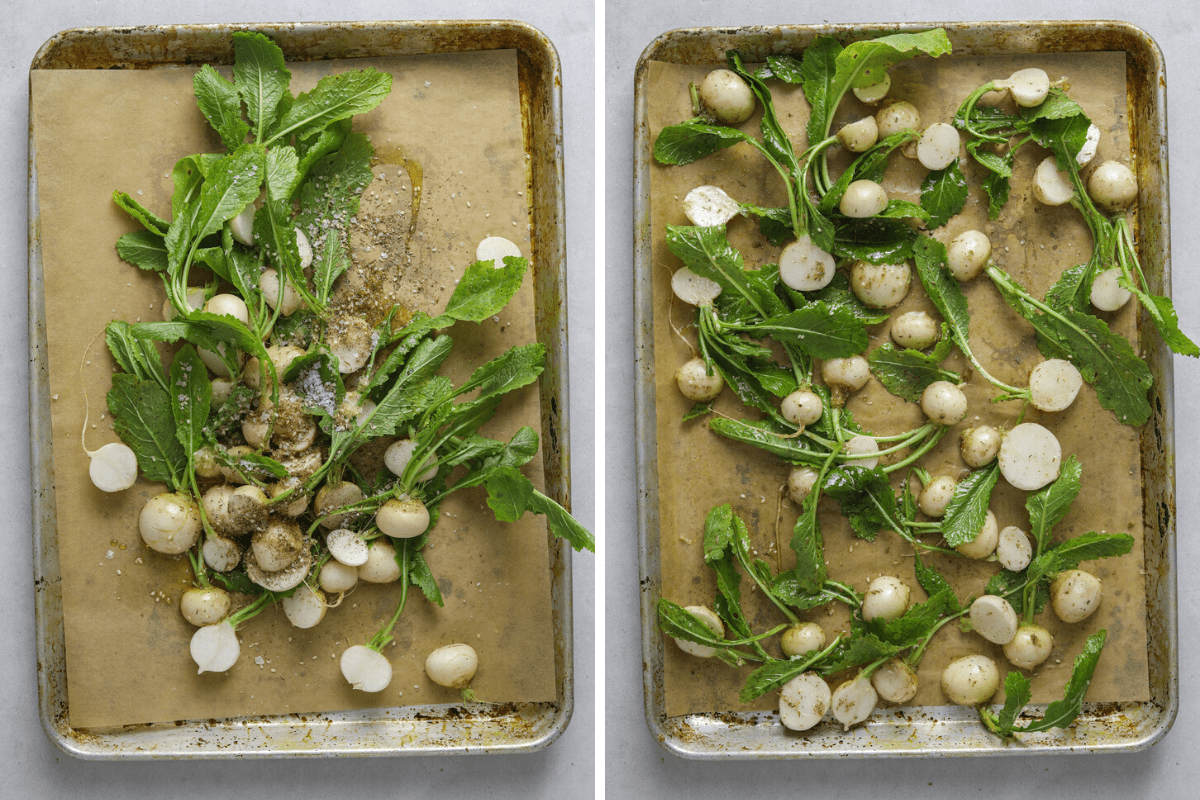 two baking trays lined with brown parchment paper topped with raw white baby turnips tossed in olive oil