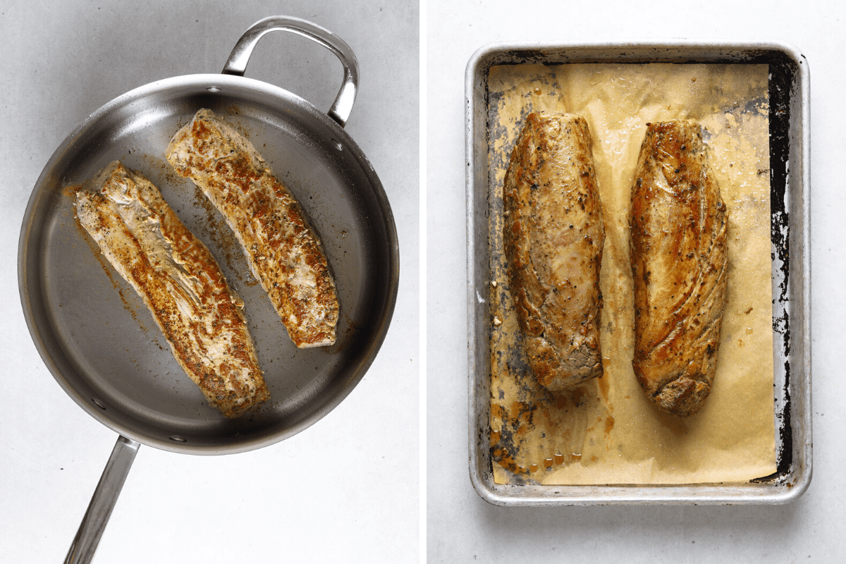left: two pork tenderloins cooking in a stainless steel pan. right: two pork tenderloins resting on a sheet tray