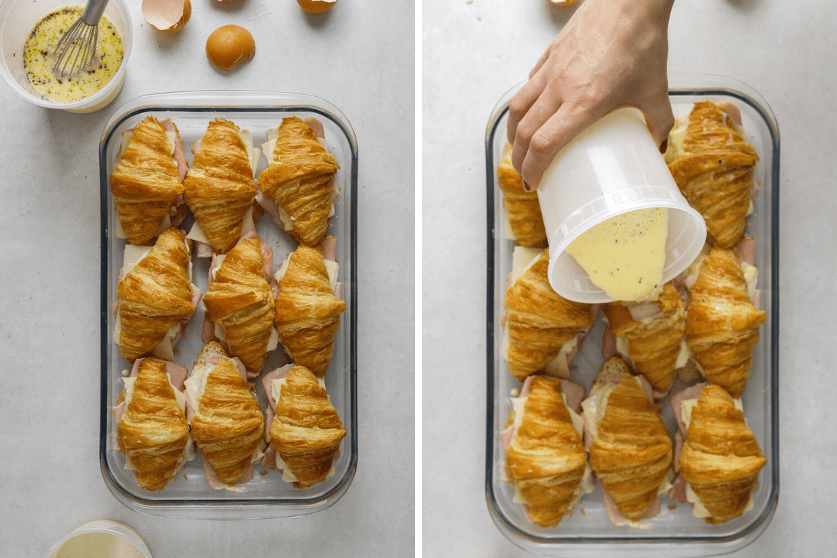 left: 9 croissants in a glass baking dish with a plastic container of egg mixture on the side. right: a hand pouring egg custard over croissants