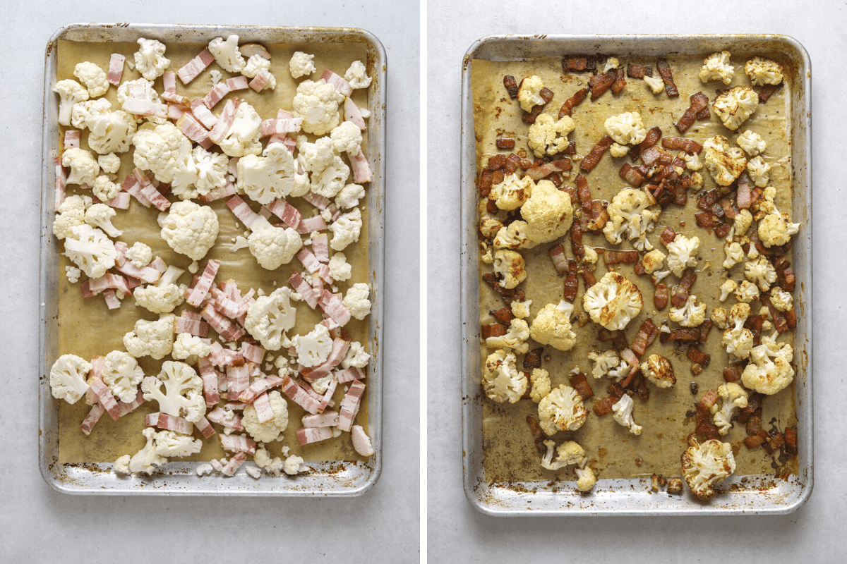 left: a sheet back with raw bacon pieces and cauliflower florets. right: a sheet pan with roasted cauliflower and crispy bacon