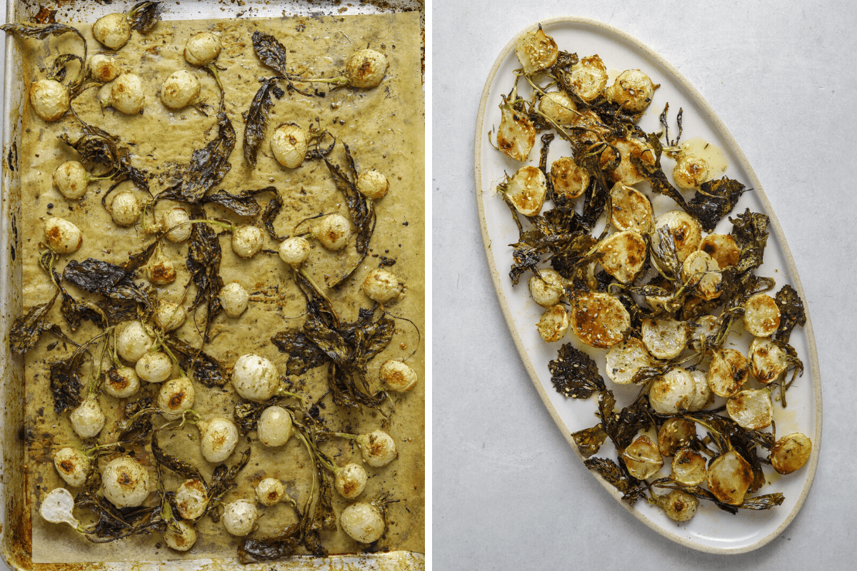 left: a sheet tray with roasted turnips. right: an oval platter filled with roasted turnips on a light gray background