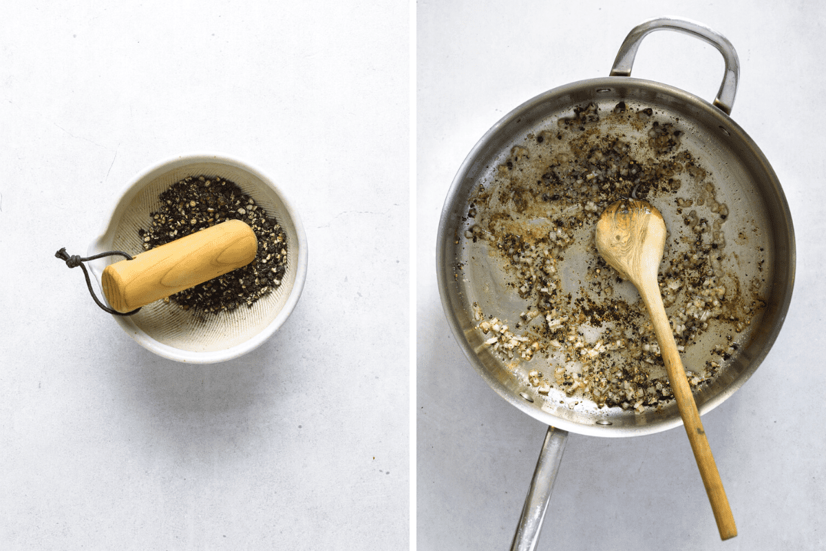 left: peppercorns crushed with a mortar and pestle. right: sauce being made in a stainless steel pan