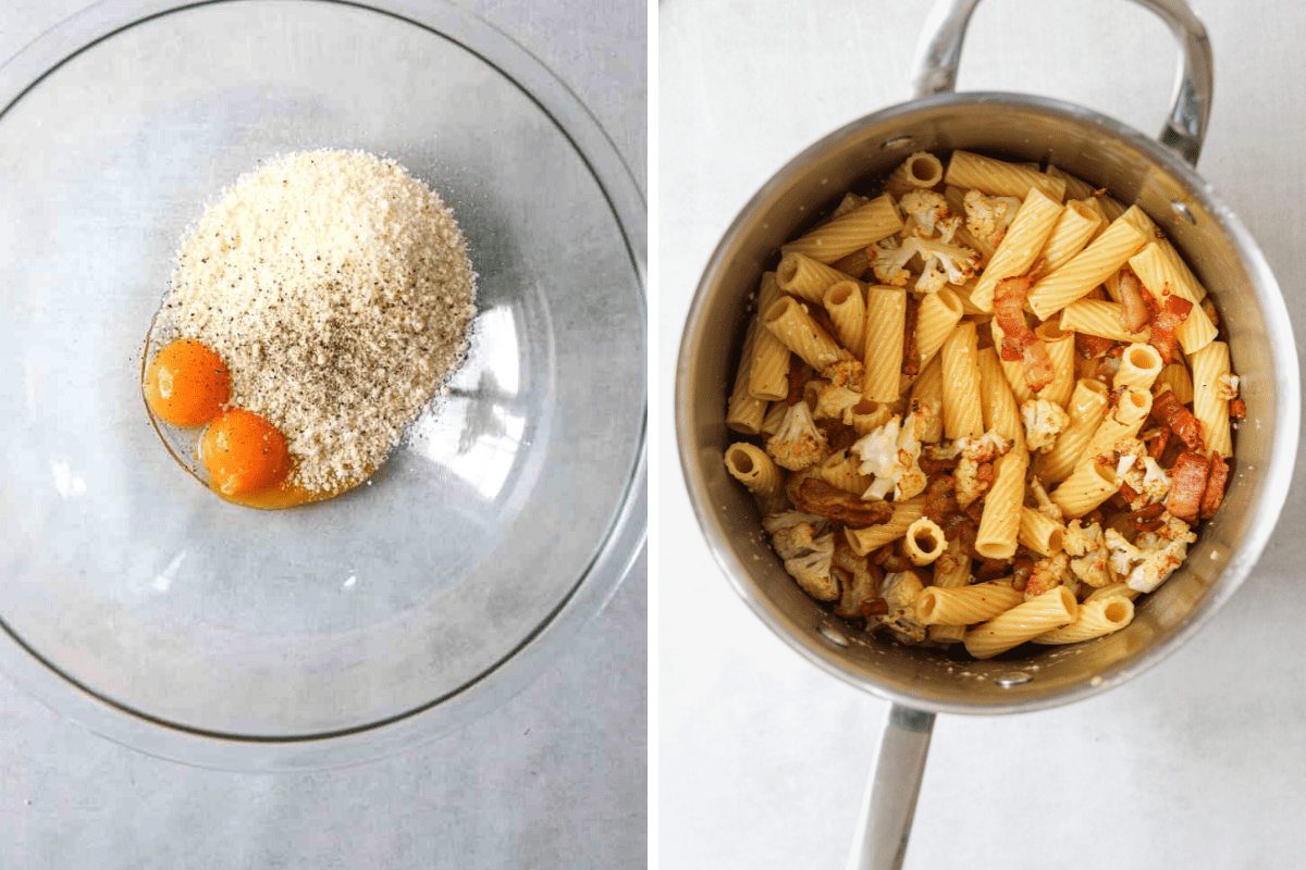 left: egg yolks and grated parmesan cheese in a large mixing bowl. right: a pan rigatoni, cauliflower and crispy bacon
