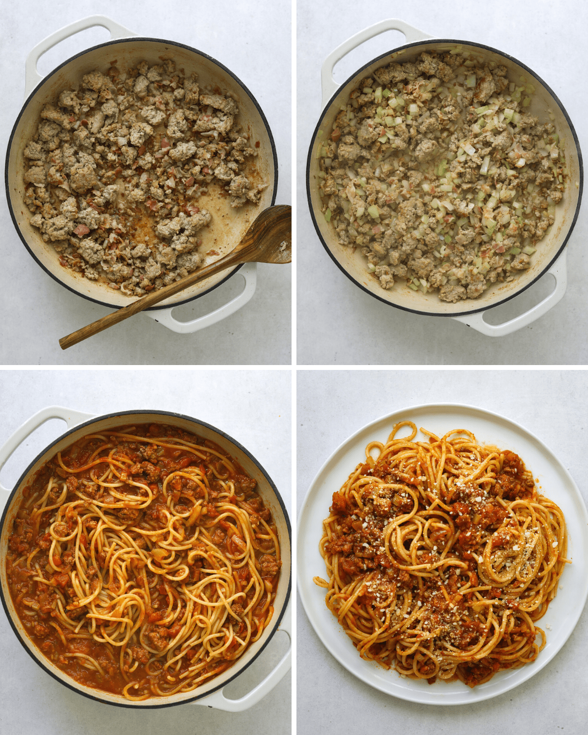four step by step photos of pork bolognese being made in a beige cast iron enamel dutch oven