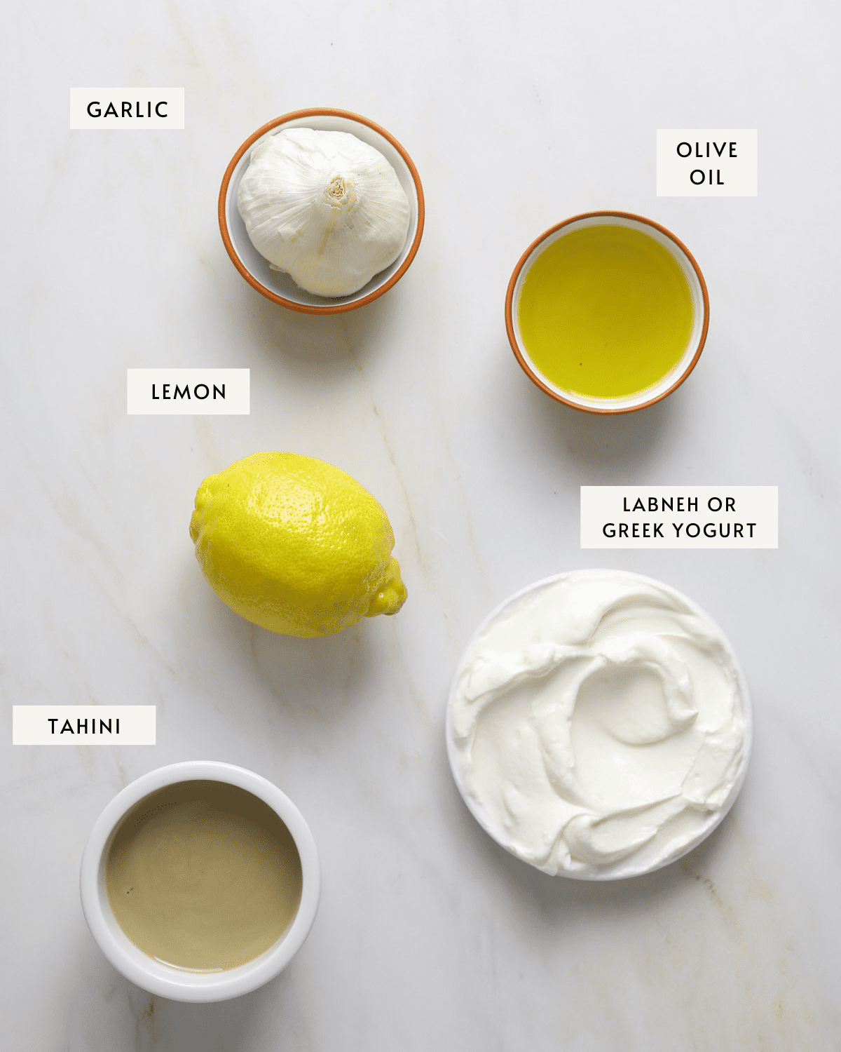 a small white bowl of yogurt, a dish of olive oil, a bulb of garlic, tahini and a lemon