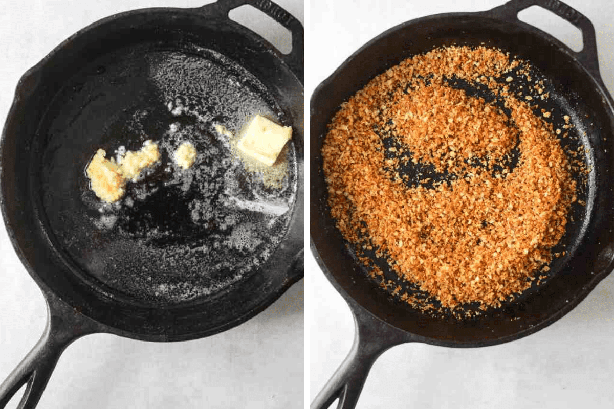 two cast iron pans with butter, garlic and toasted panko breadcrumbs