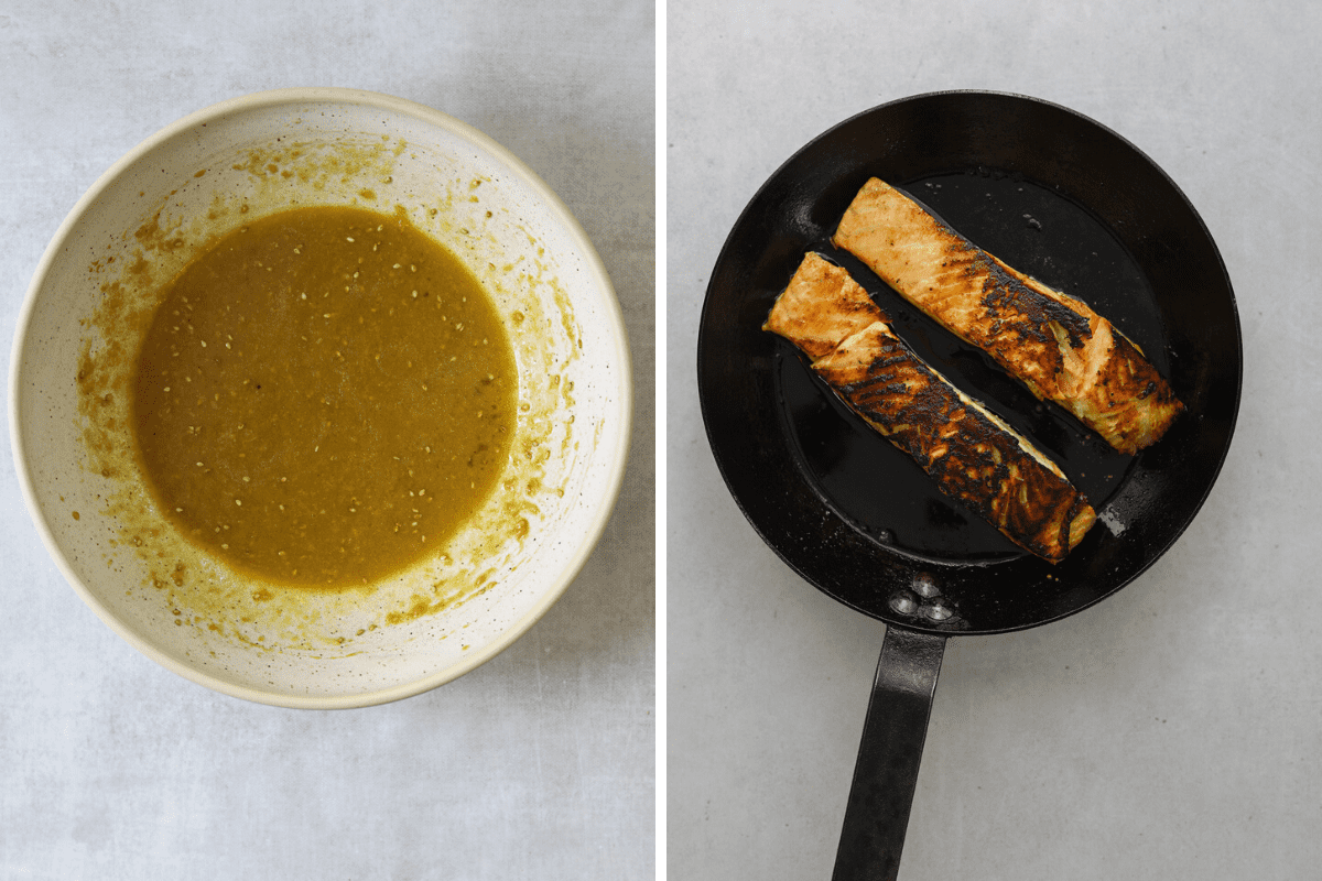 left: a bowl of miso salad dressing. right: a cast iron pan with two filets of salmon