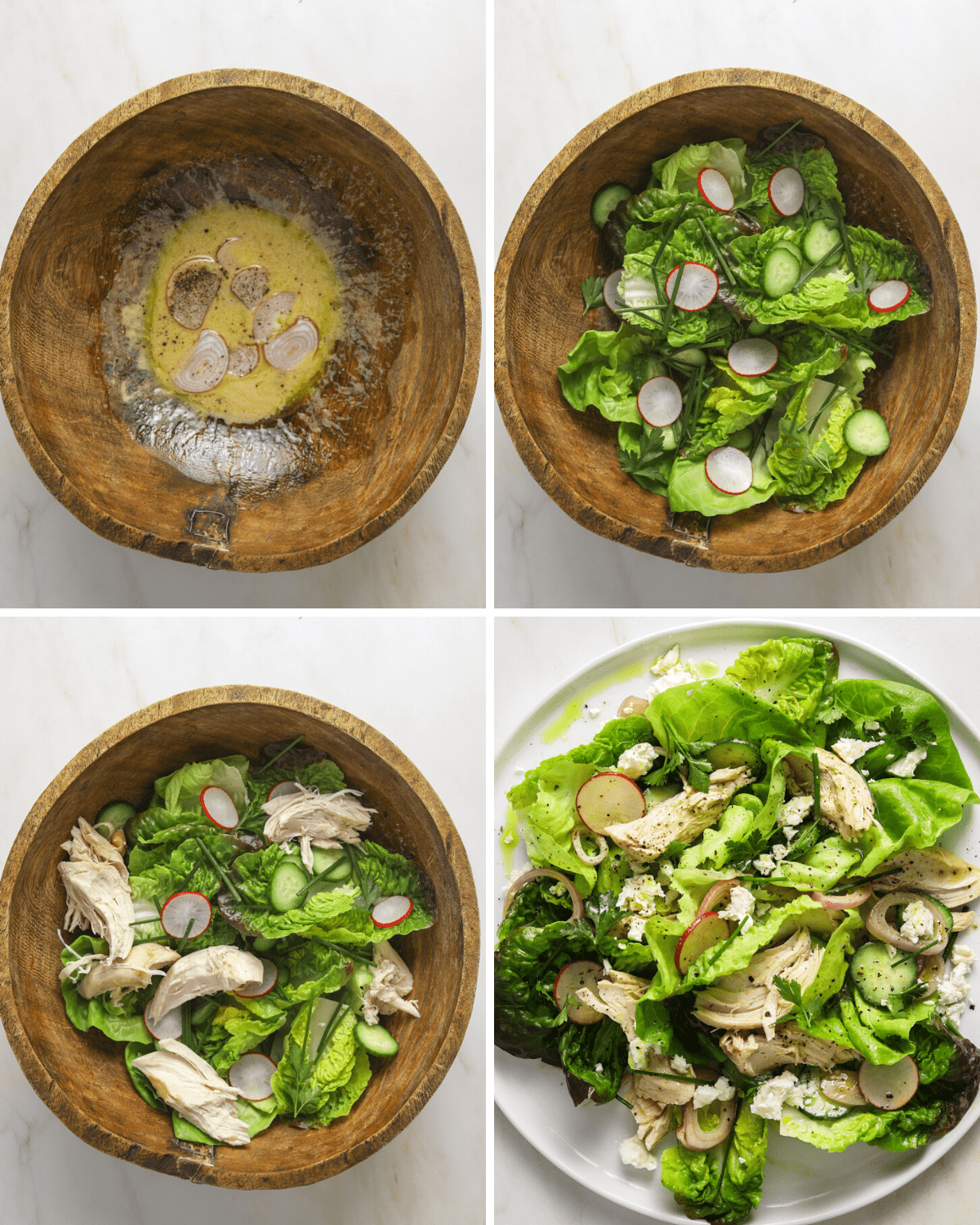 four step by step photos of a green salad with chicken and radish being made in a wooden bowl