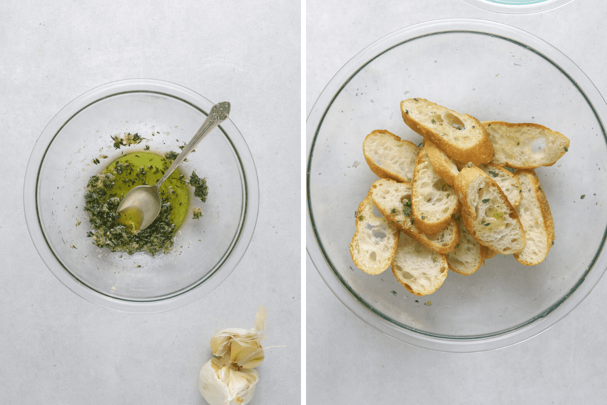 left: a glass bowl with olive oil, crushed garlic and fresh thyme leaves. right: a large mixing bowl with bread slices tossed with oil and thyme leaves